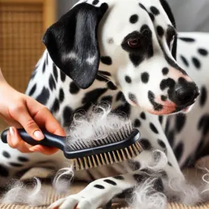 Ein Dalmatiner Hund wird gebürstet damit das Fell nicht mehr so viel haart 
