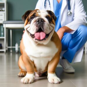 Zufriedene Bulldogge ist immer noch in Klinik und lacht nach erfolgreicher Behandlung von Dimodikose Räude