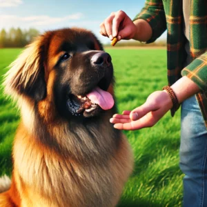 Ein Deutscher Berghund Leonberger in einer Trainingseinheit mit positiver Verstärkung, während er ein Leckerli von seinem Besitzer erhält