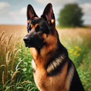 Ein deutscher Kurzhaar- Schäferhund aus der Arbeitslinie mit dichtem, schwarz-gelbem Fell steht auf der Wiese