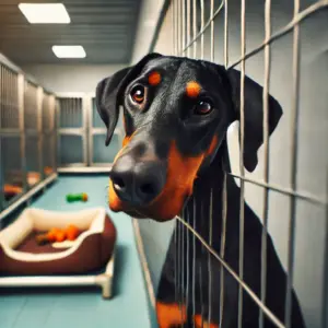 Ein Dobermann im Tierheim, der hoffnungsvoll durch die Gitterstäbe seines Zwingers schaut