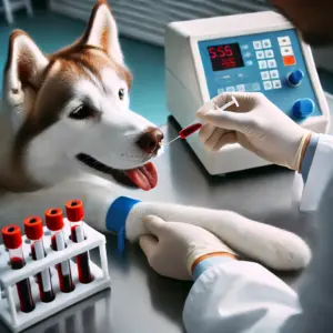  Ein Tierarzt führt eine Blutuntersuchung bei einem Husky durch, um das Blutbild des Hundes zu überwachen. Das Bild zeigt, wie wichtig regelmäßige Bluttests sind, besonders bei Hunden, die an Ehrlichiose leiden