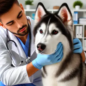 Ein Husky wird von einem Tierarzt untersucht, um seine Gesundheit und Lebenserwartung nach der Diagnose von Ehrlichiose zu beurteilen