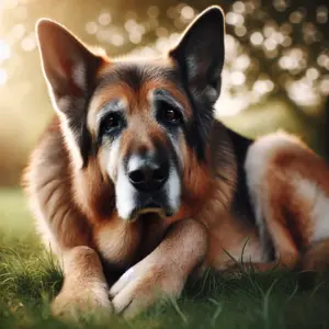 Ein älterer Deutscher Schäferhund liegt mit sichtlichem Unbehagen auf weichem Gras, zeigt Anzeichen von Schmerzen aufgrund von Ellbogendysplasie