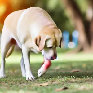 Ein Labrador Retriever mit Anzeichen von Ellbogendysplasie läuft langsam durch einen Park. Der Hund zeigt Steifheit in den Vorderläufen, was die eingeschränkte Mobilität und Lebenserwartung veranschaulicht