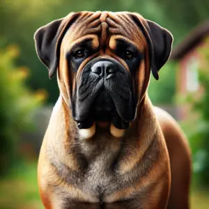 Ein kräftiger English Bullmastiff mit kompakter, stämmiger Statur und kurzem Fell in fawn oder brindle