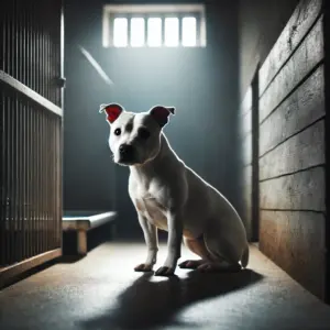 Ein traurig dreinblickender weißer Staffordshire Bullterrier, der allein in einer düster beleuchteten Umgebung eines Tierheims sitzt und auf Adoption wartet