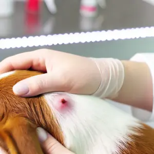 Hund mit einem entzündeten und leicht geröteten Zeckenbiss, der sanft von einem Tierarzt in einer sauberen Klinik untersucht wird
