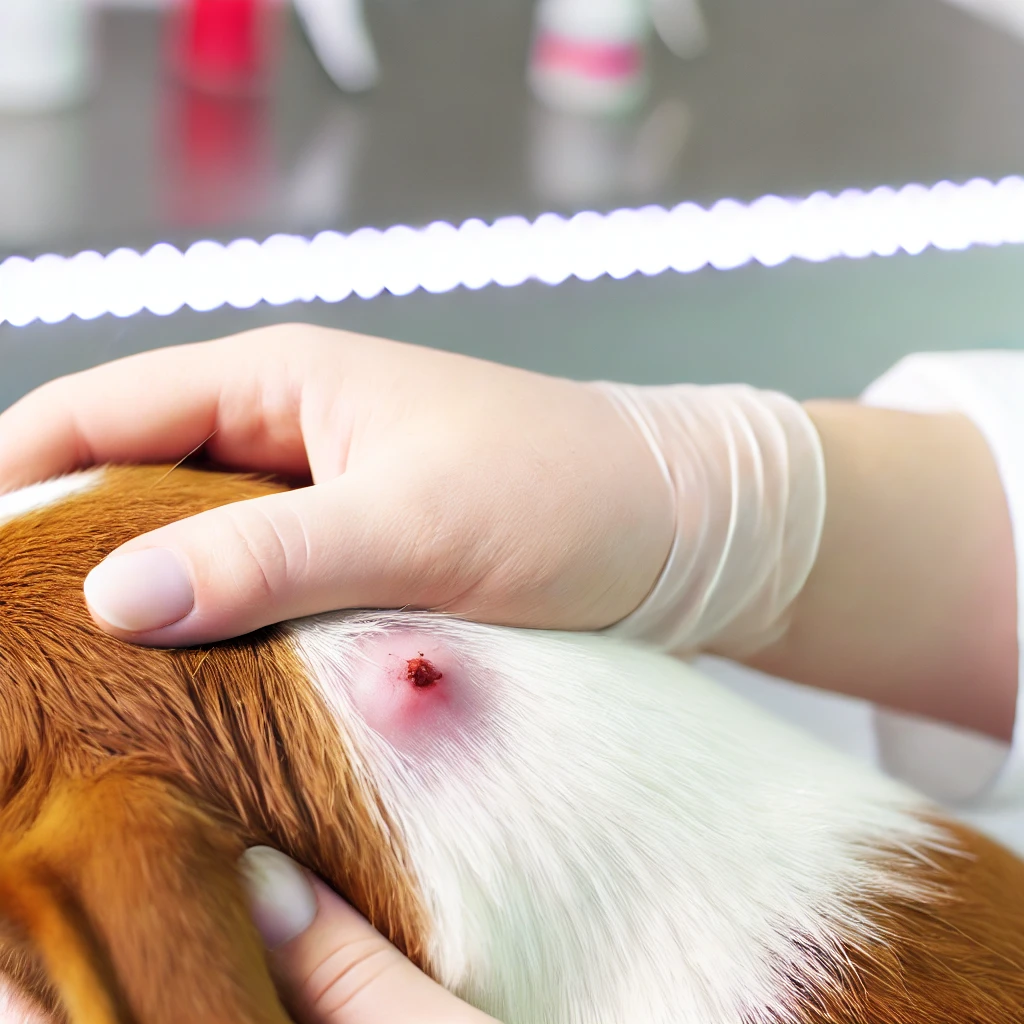 Hund mit einem leicht geröteten Zeckenbiss, der sanft von einem Tierarzt in einer sauberen Klinik untersucht wird
