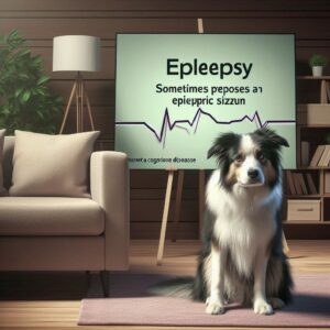 Ein Hund sitzt vor einem Poster, das Epilepsie bei Hunden thematisiert, um Symptome und Diagnose zu erklären