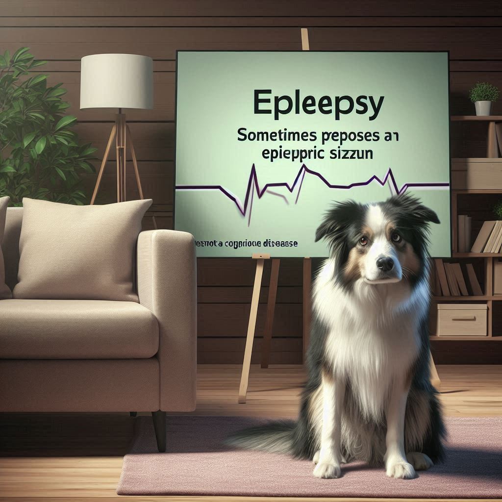Ein Hund sitzt vor einem Poster, das Epilepsie bei Hunden thematisiert, um Symptome und Diagnose zu erklären
