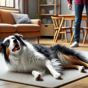 Border Collie mit epileptischen Anfall sichtbar mit Muskelzuckungen und Speichelfluss liegend auf dem Teppichboden im Wohnzimmer