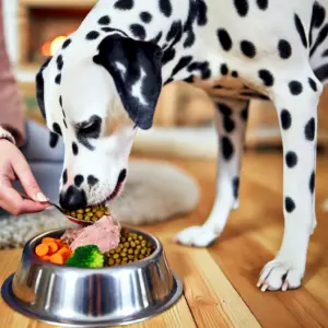 Dalmatiner wird mit einer ausgewogenen Mahlzeit gefüttert, die Gemüse und Fleisch enthält.