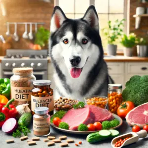 Ein gesunder Husky sitzt vor einer Auswahl an frischen Lebensmitteln wie Fleisch, Gemüse und Nahrungsergänzungsmitteln. Diese ausgewogene Ernährung unterstützt die Erholung von Ehrlichiose und stärkt das Immunsystem des Hundes