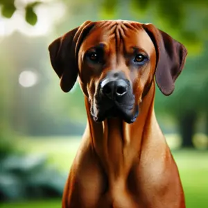 Ein ausgewogener Rhodesian Ridgeback aus der europäischen Zuchtlinie, mit muskulösem und harmonischem Körperbau, in einem ruhigen Park