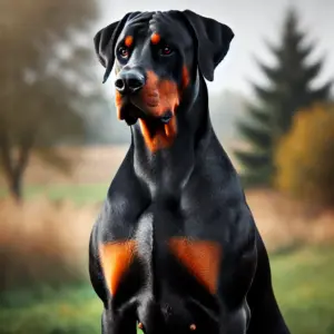 Kräftiger europäischer Dobermann mit muskulösem Körperbau und schwarzem Fell, stehend in einer grünen, natürlichen Umgebung