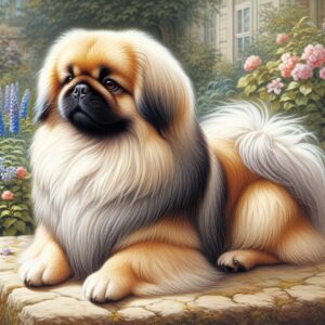 Der Europäische Pekinese liegt in einem Vorhof auf Pflastersteinen