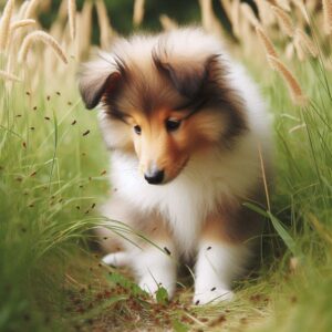 Junger Collie Welpe sitzt im hohen Gras, was Flöhe und Zecken bei Hunden begünstigt