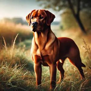 Ein Foxred Labrador Retriever aus der Arbeitslinie, der auf einer grünen Wiese steht und aufmerksam in die Ferne schaut