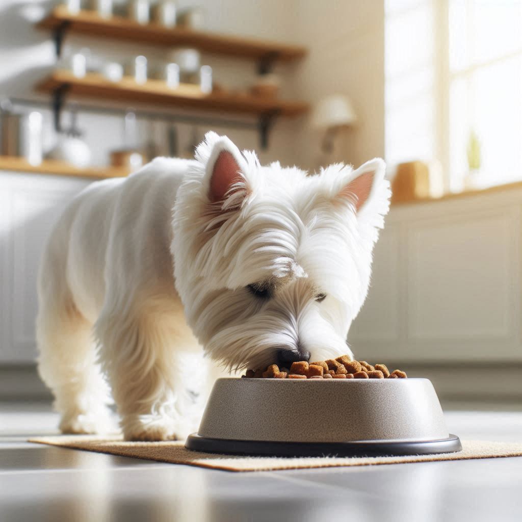 Weißer Westfield Terrier Hund frisst aus seinem Napf überwiegend minderwertiges Fressen, was zur Futtermittelallergie beim Hund führen kann