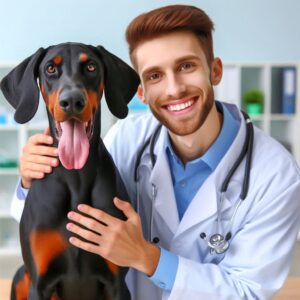 Dobermann und Tierarzt sind glücklich nach erfolgreicher Behandlung von der Magendrehung welche auch gastric dilatation volvulus genannt wird