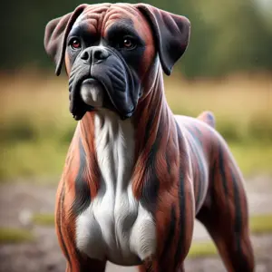 Ein gestromter Boxer steht auf einer Wiese