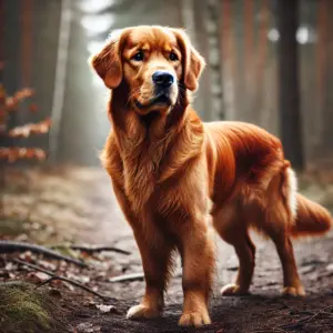 Ein Golden Retriever aus der Arbeitslinie, der mit kürzerem, praktischeren Fell auf einem Waldweg steht