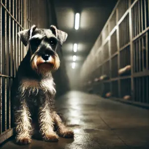 rauriger und einsamer grauer Zwergschnauzer sitzt hinter Gittern in einem Tierheim, wartet auf Adoption und braucht dringend ein neues Zuhause
