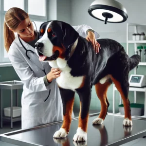 Großer Schweizer Sennenhund auf einem Untersuchungstisch beim Tierarzt, während er eine routinemäßige Gesundheitskontrolle erhält, mit Fokus auf Gelenke und Herz