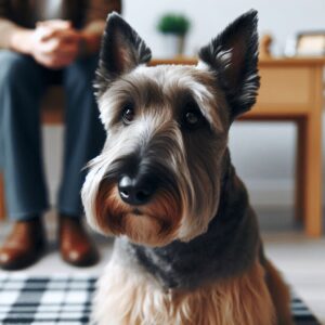 Ein Hund mit aufmerksamen Gesichtsausdruck sitzt in einem Raum, während eine Person im Hintergrund sitzt. Dies könnte auf die Unruhe und Unsicherheit hinweisen, die durch das Hämangiosarkom beim Hund verursacht werden