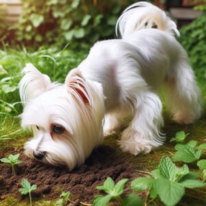 Ein kleiner Hund schnüffelt auf dem Boden in einem Garten wo er mit Bakterien für eine Harnwegsinfektion in Berührung kommen kann