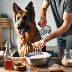 Deutscher Schäferhund wird mit Haferflockenwasser gebadet, was gegen den Juckreiz helfen kann und ein gutes Hausmittel gegen atopische Dermatitis beim Hund ist