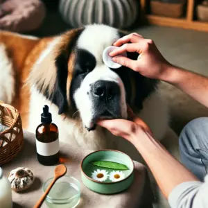 Hundebesitzer trägt sanft ein Hausmittel wie Aloe Vera oder Kamillentee mit einem Wattepad auf die Haut des Bernardiners gegen hotspots beim hund pflegt.