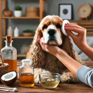 Person reinigt vorsichtig das Ohr eines Cocker Spaniels mit einem Hausmittel aus Apfelessig und Wasser zur Behandlung von Otitis