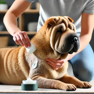 Ein Hund wird mit einem natürlichen Hausmittel, wie Kokosöl, zur Behandlung von Pyodermie eingecremt