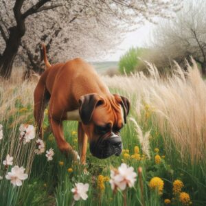  Boxer Hund mit Hautallergie, der in einem blühenden Feld schnüffelt, umgeben von Gräsern und Blütenpollen, mögliche Allergieauslöser