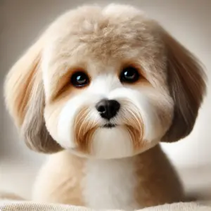Ein Havaneser-Hund mit einem weichen und flauschigen „Teddyschnitt“, der dem Hund ein rundes, teddyartiges Gesicht verleiht. Die gleichmäßig getrimmten Haare betonen die Knopfaugen und den freundlichen Ausdruck