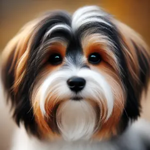 Nahaufnahme eines tricolor Havanesers mit einer Mischung aus schwarzem, weißem und braunem Fell. Die besondere Farbverteilung zeigt die lebendige und freundliche Natur des Hundes