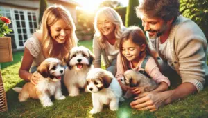 Eine Familie im Garten eines Züchters informiert sich gründlich vor dem kauf eines havaneser welpen