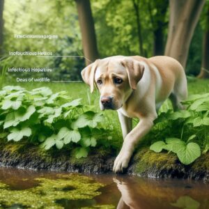 Labrador der mit giftigen Pflanzen oder Chemiekalien in abgestandenen Gewässer in Berührung kommt und sich dadurch mit Hepatitis anstecken kann