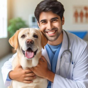 Glücklicher Tierarzt und Labrador Retriever nach erfolgreicher Behandlung einer Hepatitis bei Hunden 