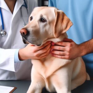 Der Tierarzt überprüft einen Labrador auf mögliche Symtome der Hepatitiserkrankung beim Hund