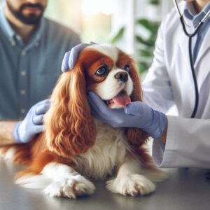 King Charles Spaniel bei der Untersuchung in der Tierklinik. Der Hund hat Atemnot und hächelt was den Verdacht auf eine Herzinsuffizienz beim Hund verstärkt
