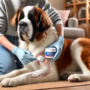 Berhardiner Hund bekommt von seinem Besitzer zur Behandlung eine Zinksalbe aufgetragen
