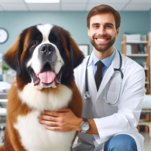 Tierarzt und Bernhardiner Hund sind glücklich über die erfolgreiche Behandlung des Hotspots und der aktuen feuchten Dermatitis. 