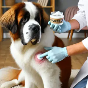 Hundebesitzer trägt Kokosöl auf die Haut seines Bernardiners auf, um einen Hotspot beim Hund zu behandeln