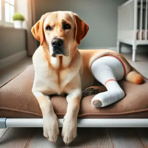 Ein Labrador ruht sich nach einer Hüftoperation aus, liegend auf einem orthopädischen Bett mit einem Verband an der Hinterpfote