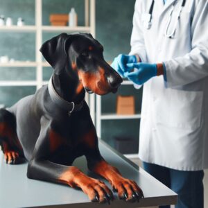 Dobermann wird von Tierarzt auf einem Untersuchungstisch auf eine Hypotyreose beim Hund untersucht