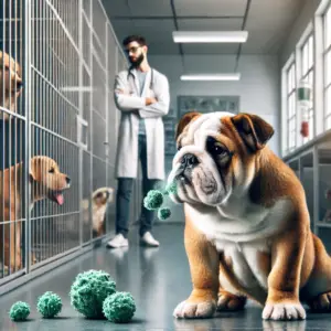 Bulldogge zeigt erste Anzeichen von Zwingerhusten in einer Hundepension. Andere Hunde sind isoliert, und ein Tierpfleger beobachtet die Bulldogge aus der Ferne, um eine mögliche Ausbreitung während der Inkubationszeit zu verhindern