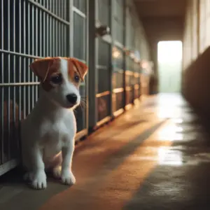 Ein einsamer Jack Russell Terrier in Not sitzt im Zwingers eines Tierheims und wartet auf seine zweite Chance